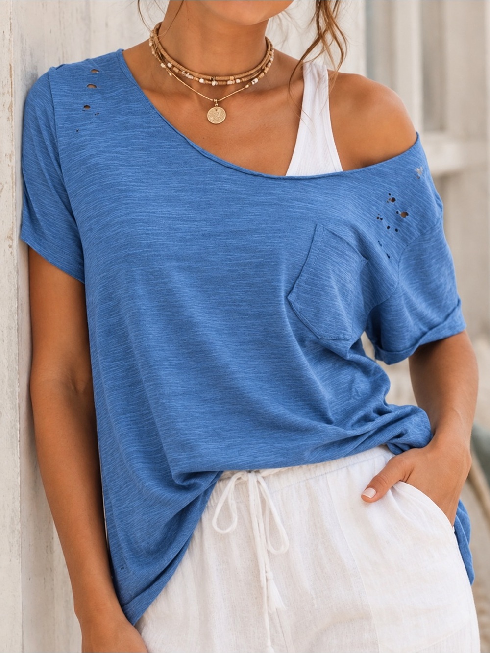💙 A Rare Bird Blue Ripped Distressed Pocket Tee Size S NWT